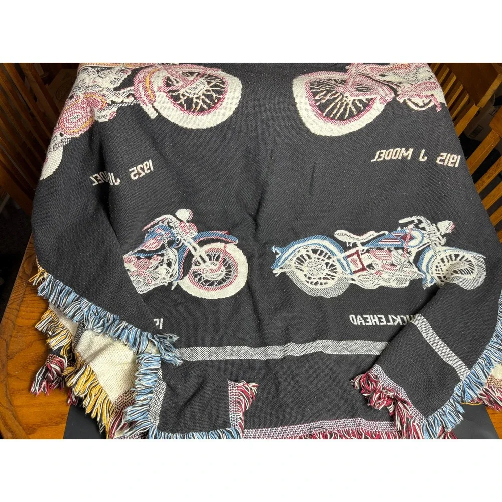 Vintage Harley-Davidson Woven Tapestry Throw Blanket-Motorcycle History Fringe